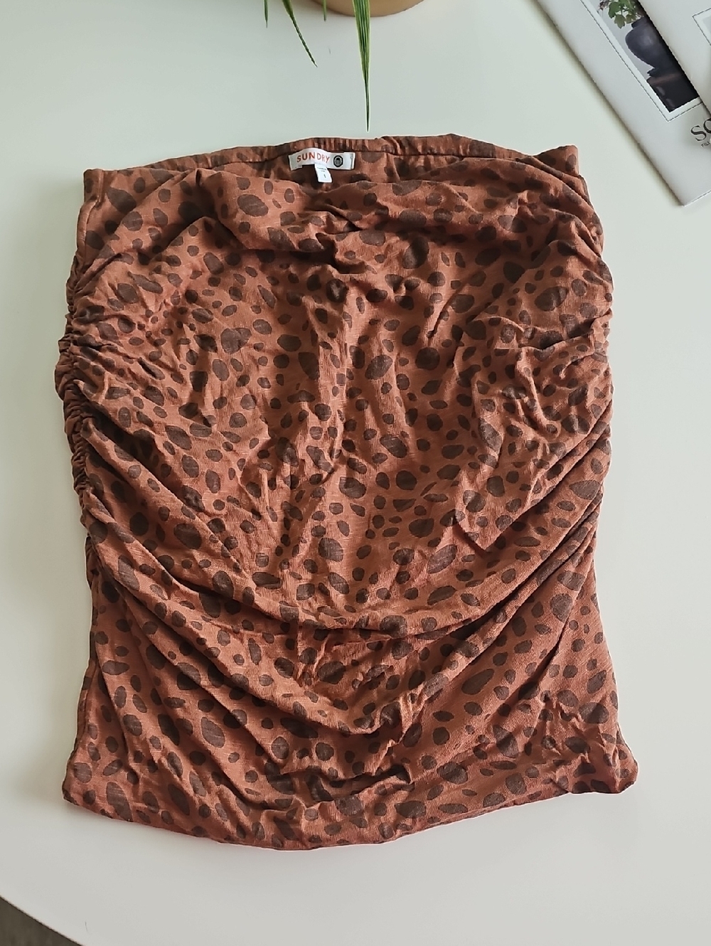 Sundry Rust Brown Animal-Spot Ruched Mini Skirt